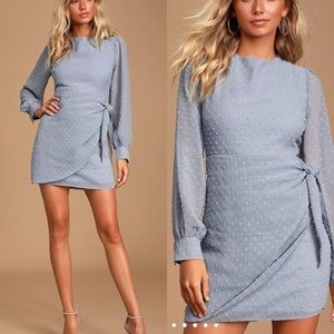 Light Blue Swiss Dot Long Sleeve Tie-Front Mini Dress